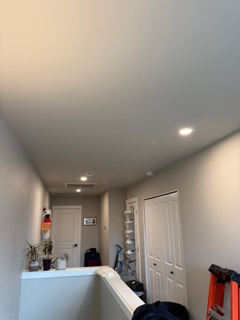 Brightly lit hallway with white walls, modern fixtures, and a closet door.