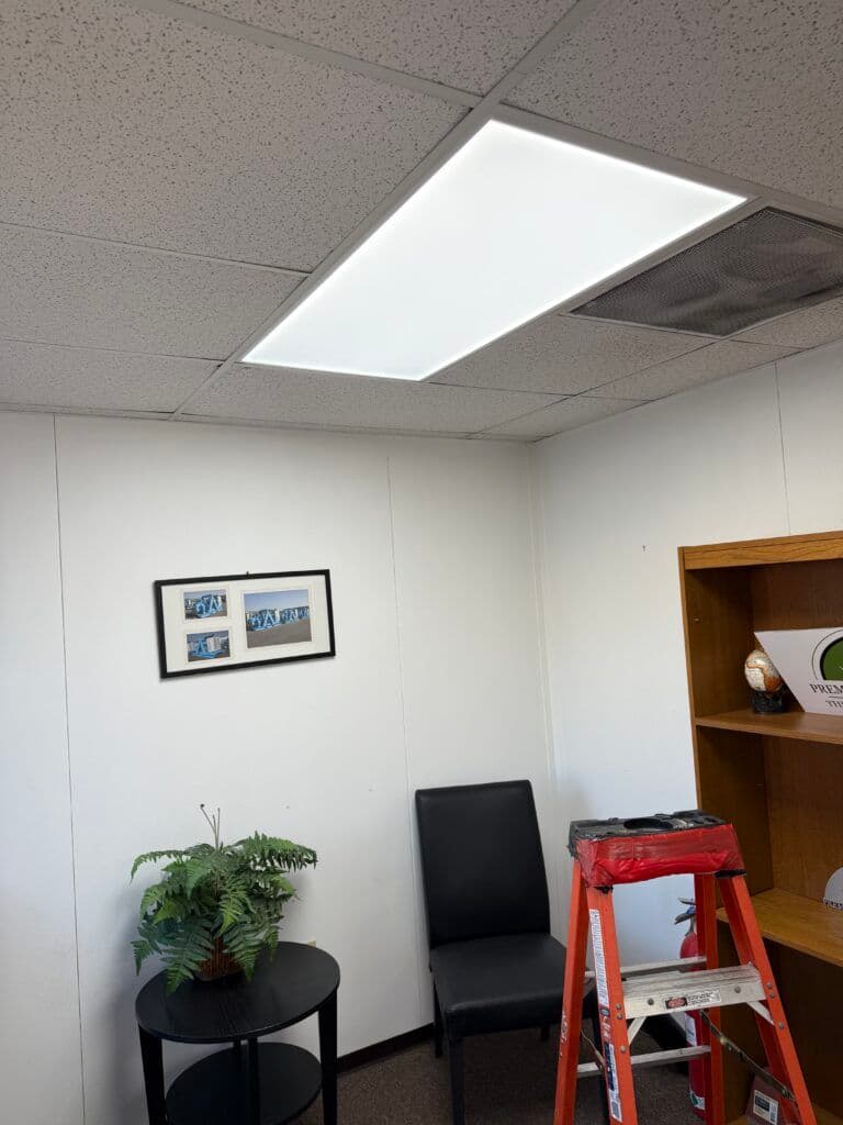 Bright LED ceiling panel lighting in an office with a plant and ladder in the background.